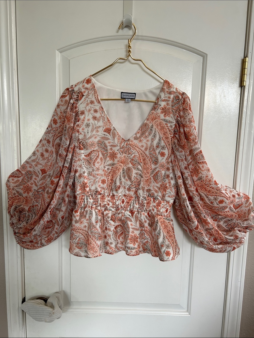 Sam and Jess Orange and Cream Paisley V-Neck Peplum Blouse-M